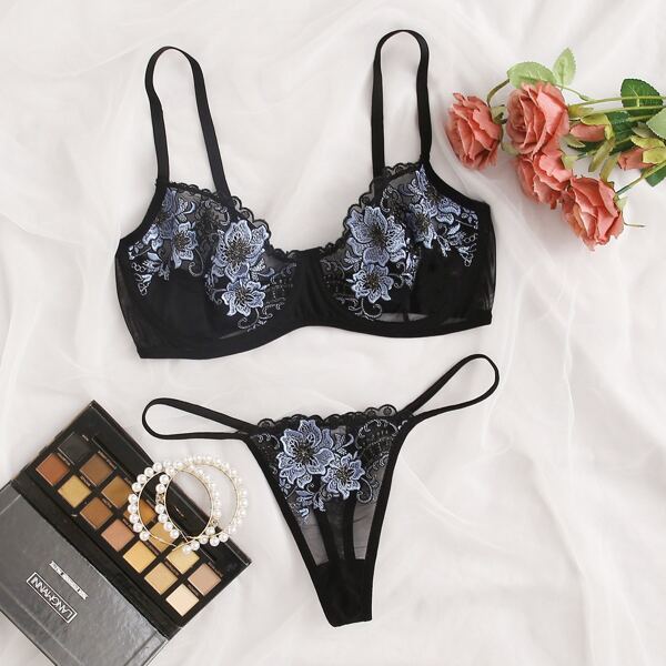 Floral Embroidered Underwire Mesh Lingerie Set, Black