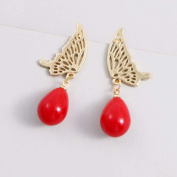 Butterfly Design Drop Earrings, Red