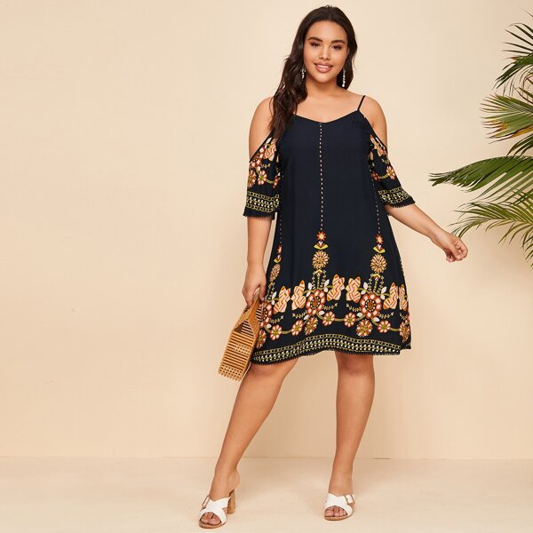 Plus Cold Shoulder Floral Print Dress, Navy blue