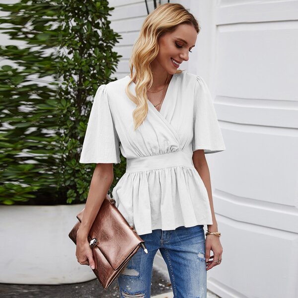Solid Ruched Back Peplum Blouse, White