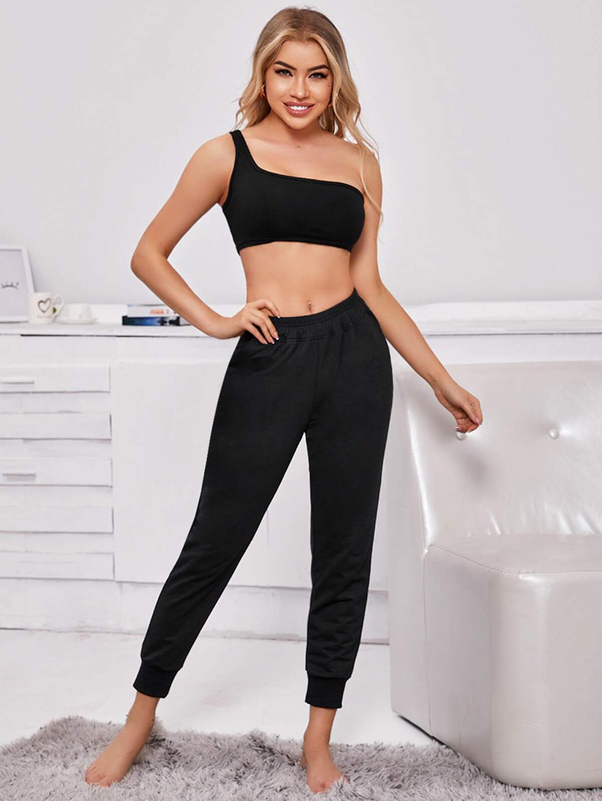 One Shoulder Solid Lounge Set