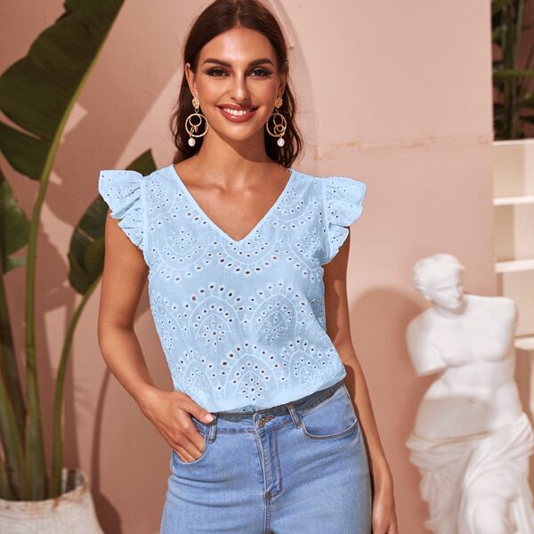 Ruffle Armhole Schiffy Top, Baby blue