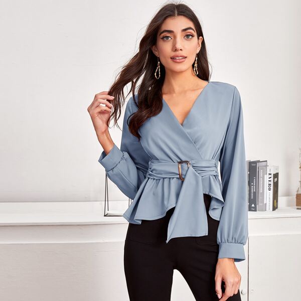 Surplice Neck Belted Peplum Top, Dusty blue