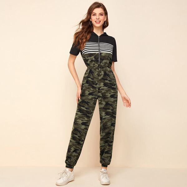 Zipper Front Striped & Camo Hooded Jumpsuit, Multicolor 
Zipper Front Striped & Camo Hooded Jumpsuit, Multicolor