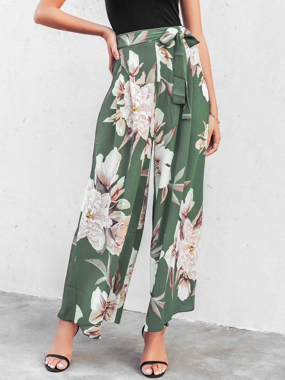 High Waist Belted Floral Wide Leg Pants