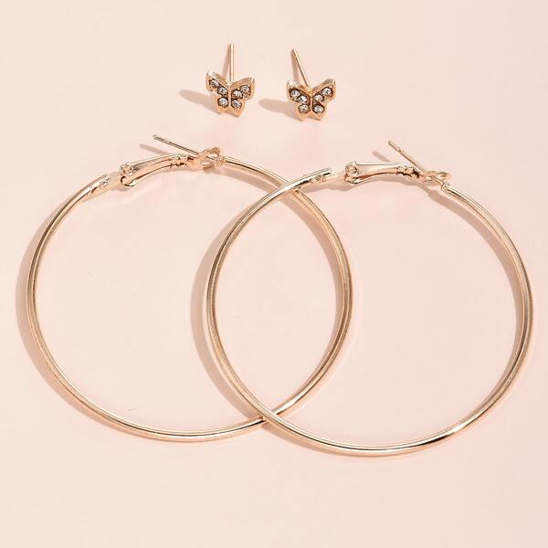 2pairs Rhinestone Butterfly Earrings, Gold