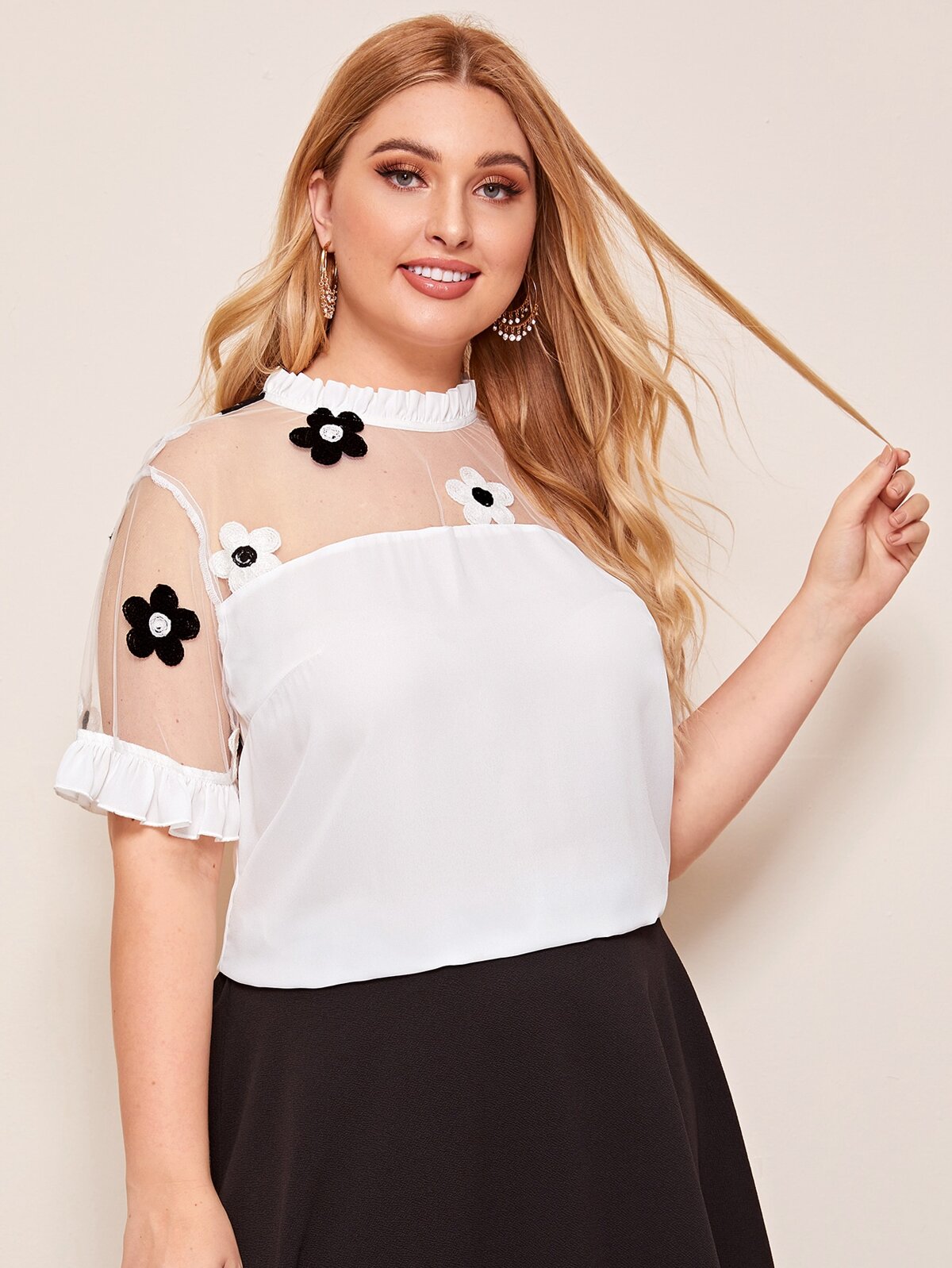 Plus Frill Trim Flower Embroidered Mesh Yoke Top