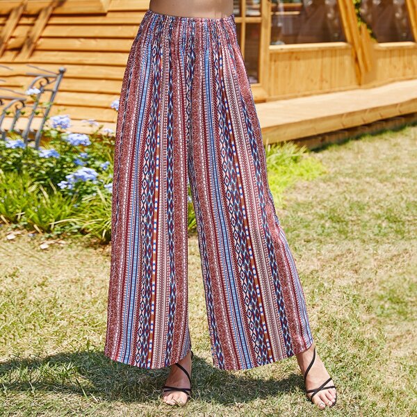 Tribal Print Shirred Waist Wide Leg Pants, Multicolor