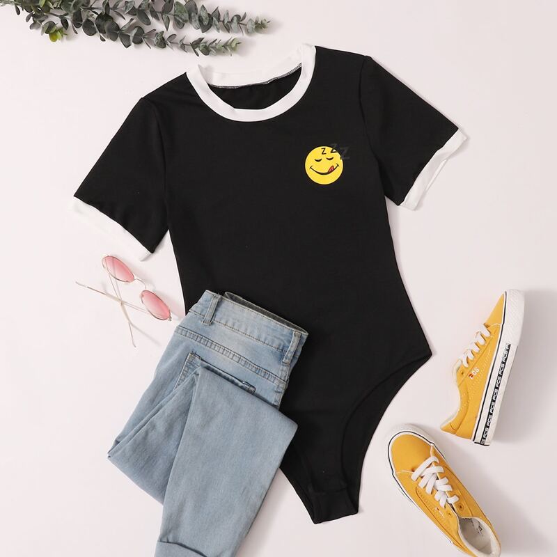 Cartoon Graphic Contrast Binding Bodysuit, Black 
Cartoon Graphic Contrast Binding Bodysuit, Black