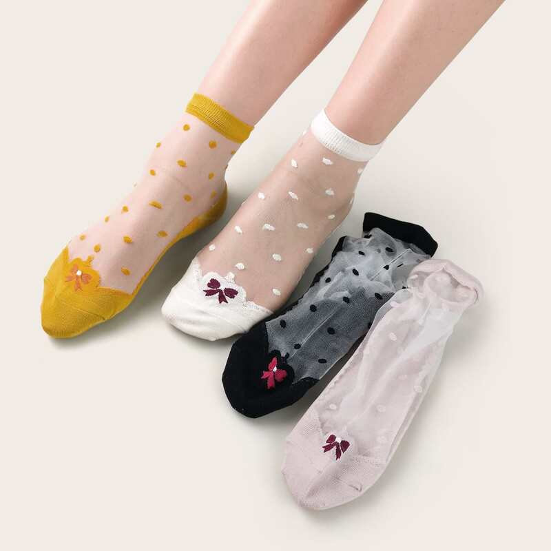 4pairs Polka Dot Mesh Socks, Multicolor 
4pairs Polka Dot Mesh Socks, Multicolor