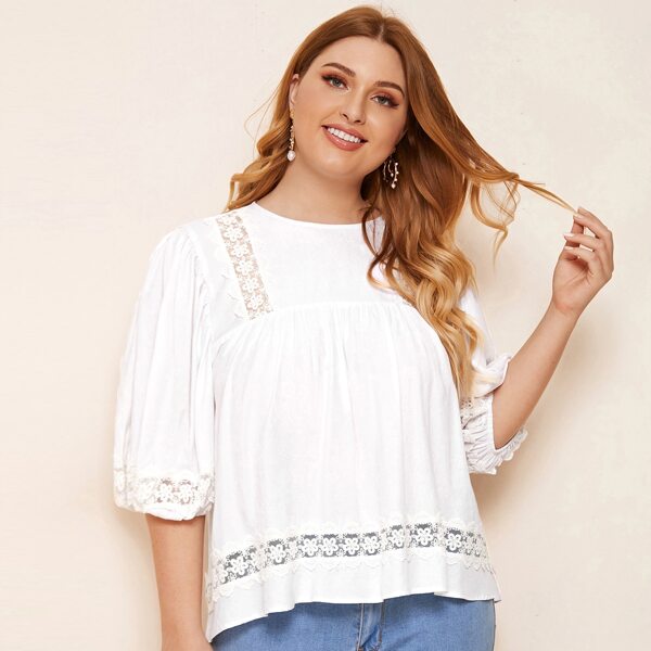 Plus Embroidered Mesh Insert Smock Top, White