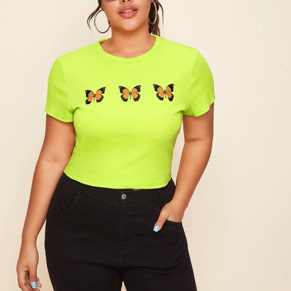 Plus Butterfly Print Tee, Lime green neon