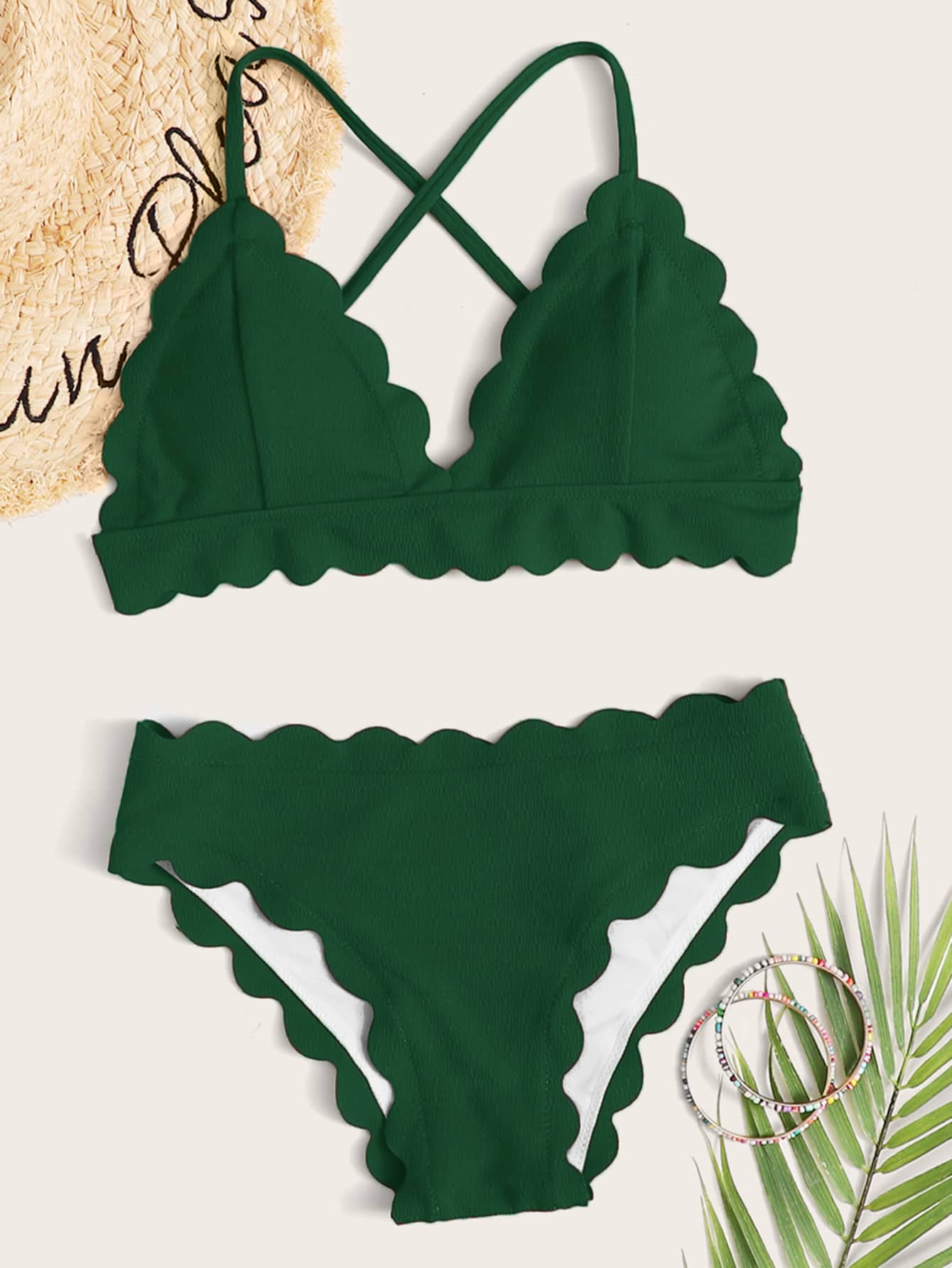 Scallop Trim Triangle Bikini Swimsuit