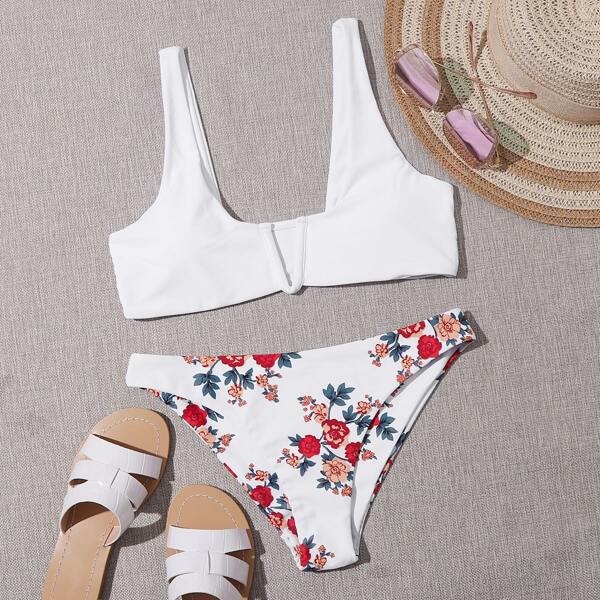 Floral V Wired Bikini Swimsuit, White