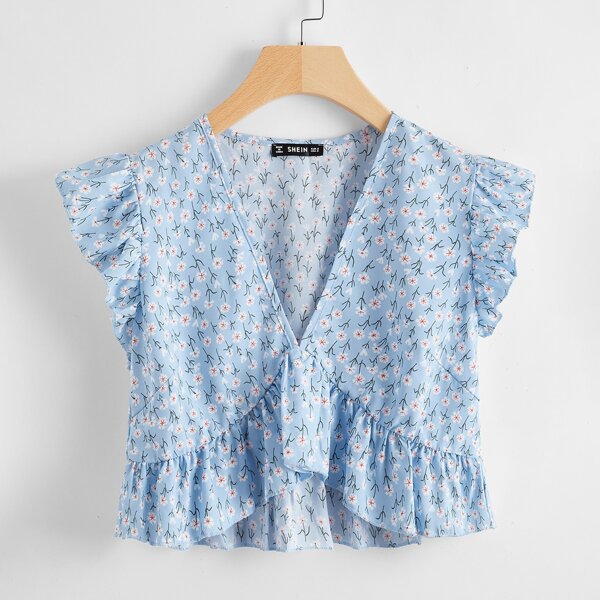 Ditsy Floral V-Neck Peplum Top, Baby blue