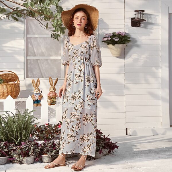 Floral Print A-line Dress, Dusty purple