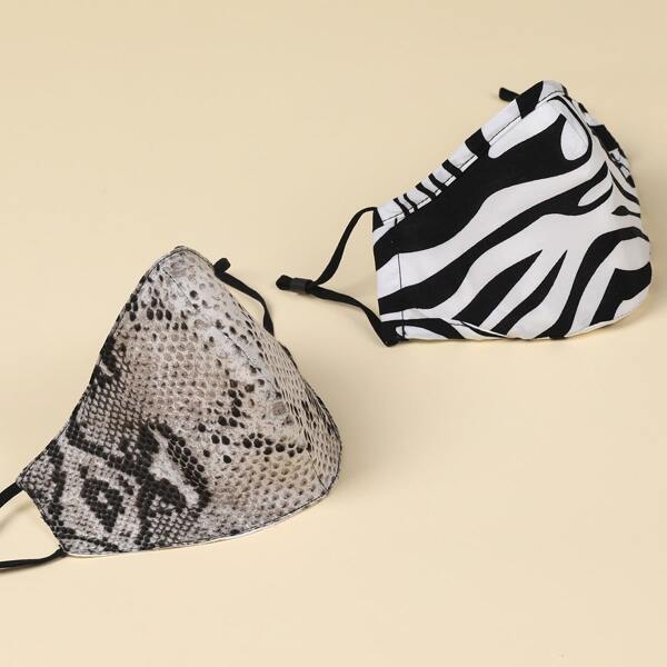 2pcs Zebra Pattern Face Mask, Black and white