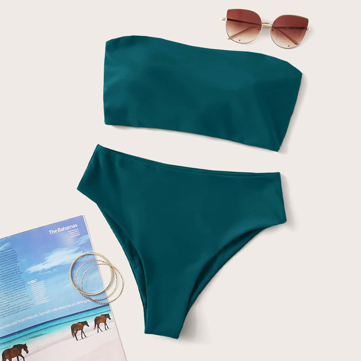 Lace-up Back Bandeau High Waisted Bikini Swimsuit, Dark green 
Lace-up Back Bandeau High Waisted Bikini Swimsuit, Dark green