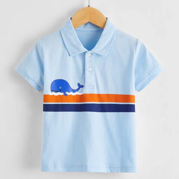 Toddler Boys Cartoon Print Polo Shirt, Baby blue