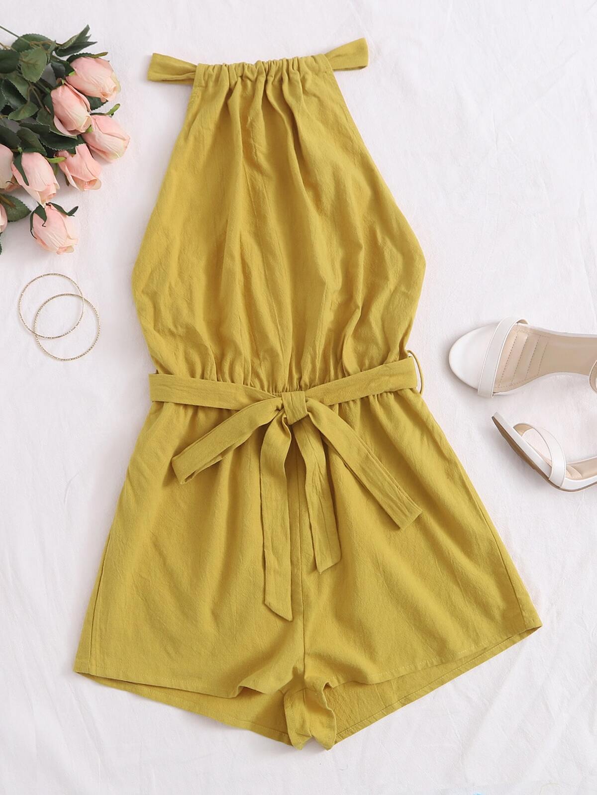 Tie Back Belted Halter Romper