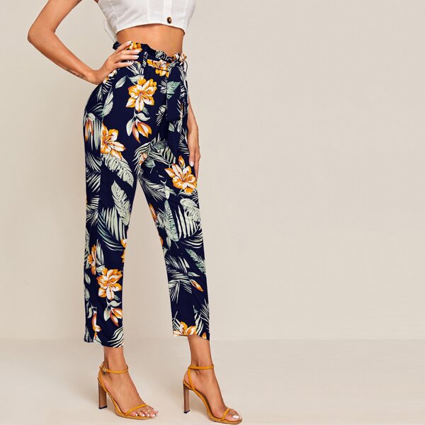 Paperbag Waist Tropical Print Pants, Multicolor
