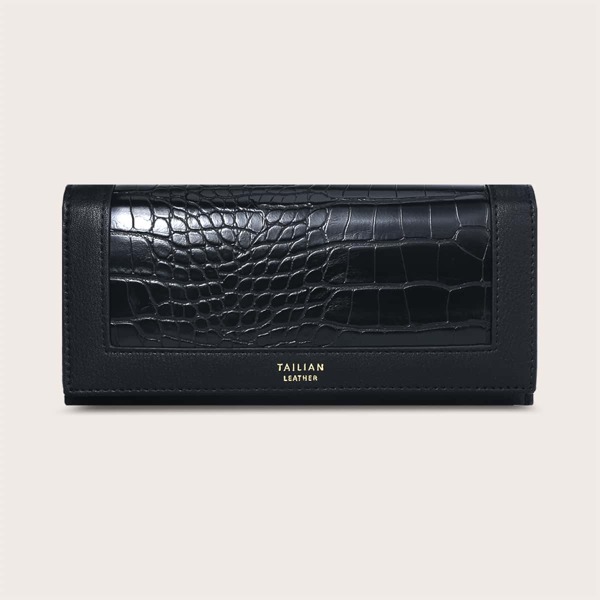 Croc Embossed Purse With Card Holder, Black