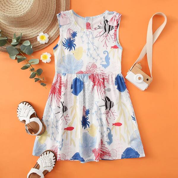 Toddler Girls Plants Print Double Bow A-line Dress, Multicolor