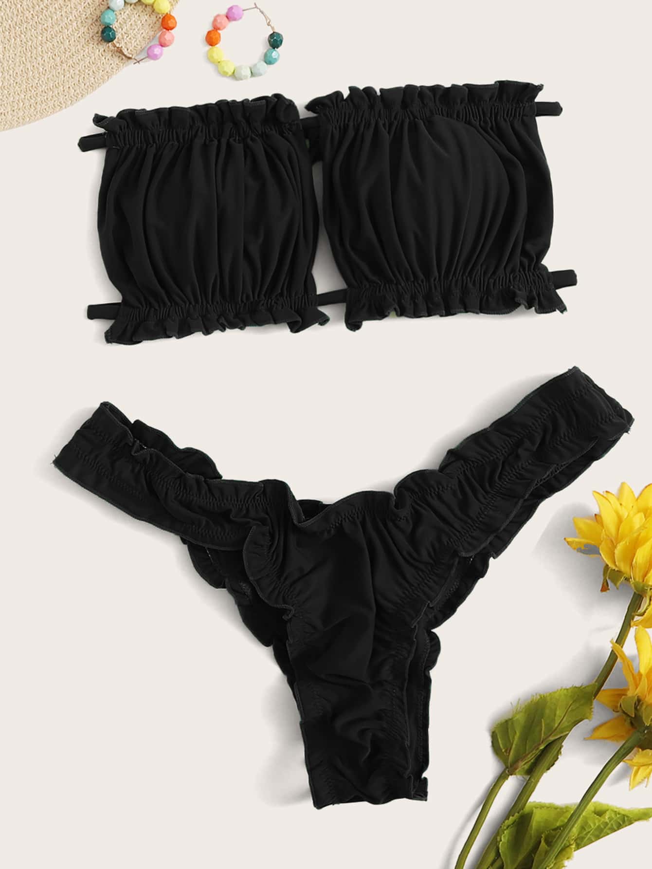 SHEIN X Sofía Suescun Summer Beach Ruched Lettuce Trim Bandeau Bikini Set