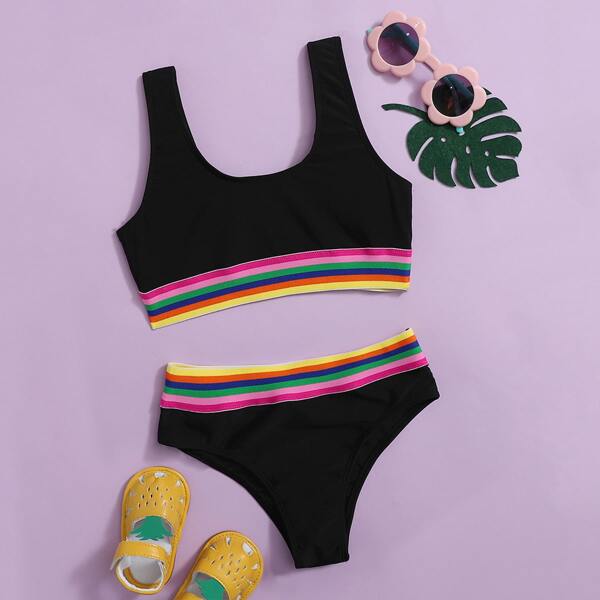 Girls Striped Scoop Neck Bikini Swimsuit, Black