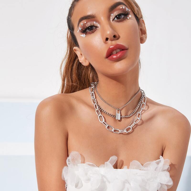 3pcs Lock Charm Necklace, Silver 
3pcs Lock Charm Necklace, Silver