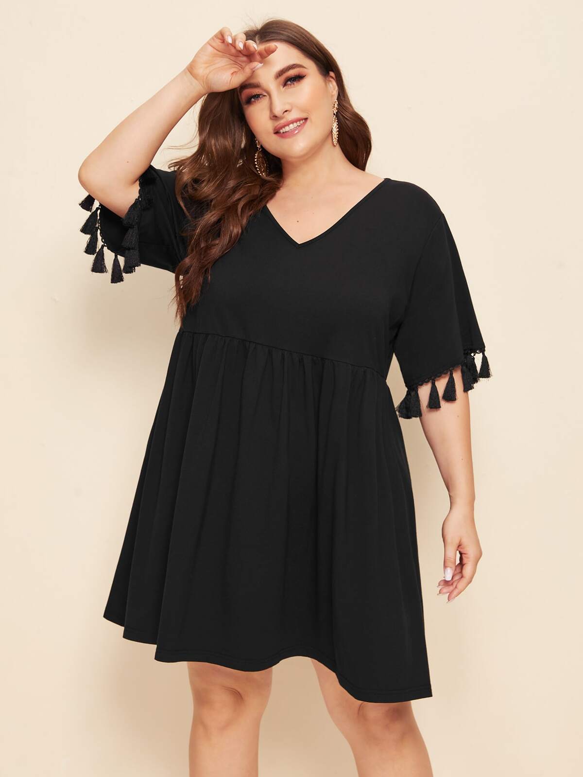 Plus Tassel Cuff Mini Smock Dress