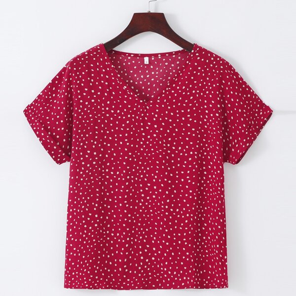 V-neck Allover Print Blouse, Red