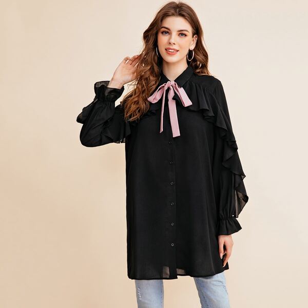 Tie Front Ruffle Trim Blouse, Black