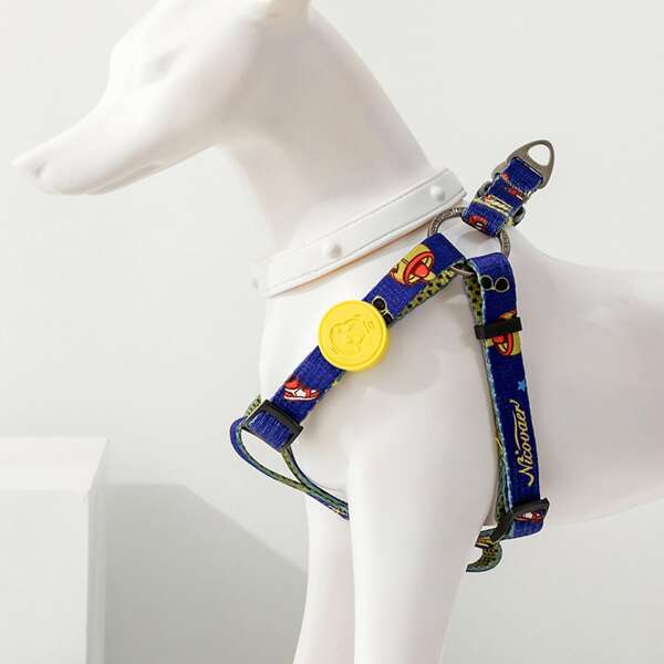 1pc Cartoon Graphic Dog Harness, Blue