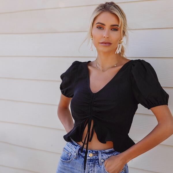 Drawstring Ruched Puff Sleeve Zip-Up Top, Black
