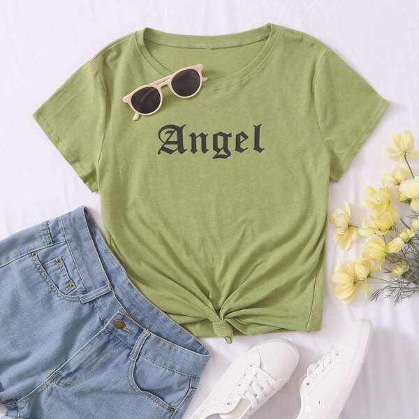Letter Graphic Round Neck Tee, Army green