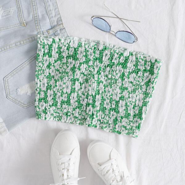 Frill Trim Shirred Floral Tube Top, Green