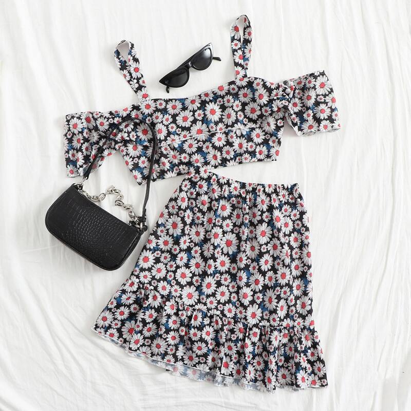 Daisy Floral Print Cold Shoulder Top & Ruffle Hem Skirt Set, Multicolor 
Daisy Floral Print Cold Shoulder Top & Ruffle Hem Skirt Set, Multicolor