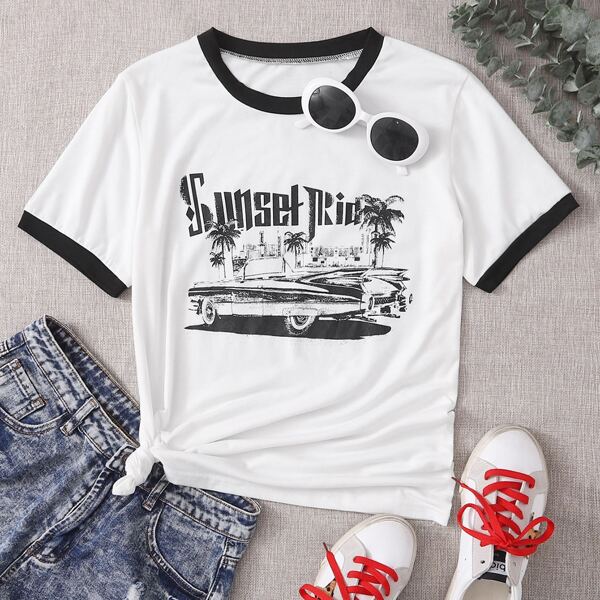 Белый Контрастная отделка Текст Повседневный Футболки
Белый Контрастная отделка Текст Повседневный Футболки