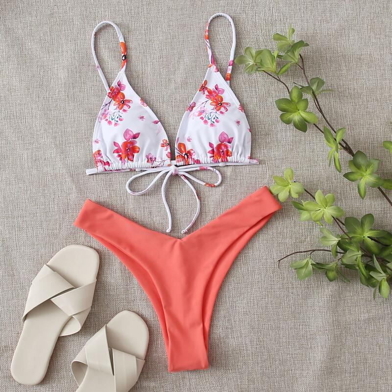 Floral Triangle High Leg Bikini Swimsuit, Red and white 
Floral Triangle High Leg Bikini Swimsuit, Red and white