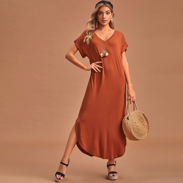 Batwing Sleeve Curved Hem Dress, Rust brown