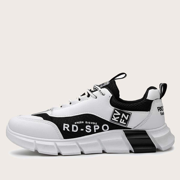 Men Lace-up Front Letter Graphic Sneakers, Black and white