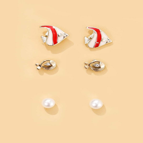 3pairs Rhinestone Fish Stud Earrings, Multicolor
