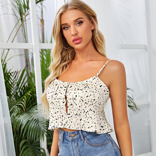 Allover Print Crop Cami Top, White