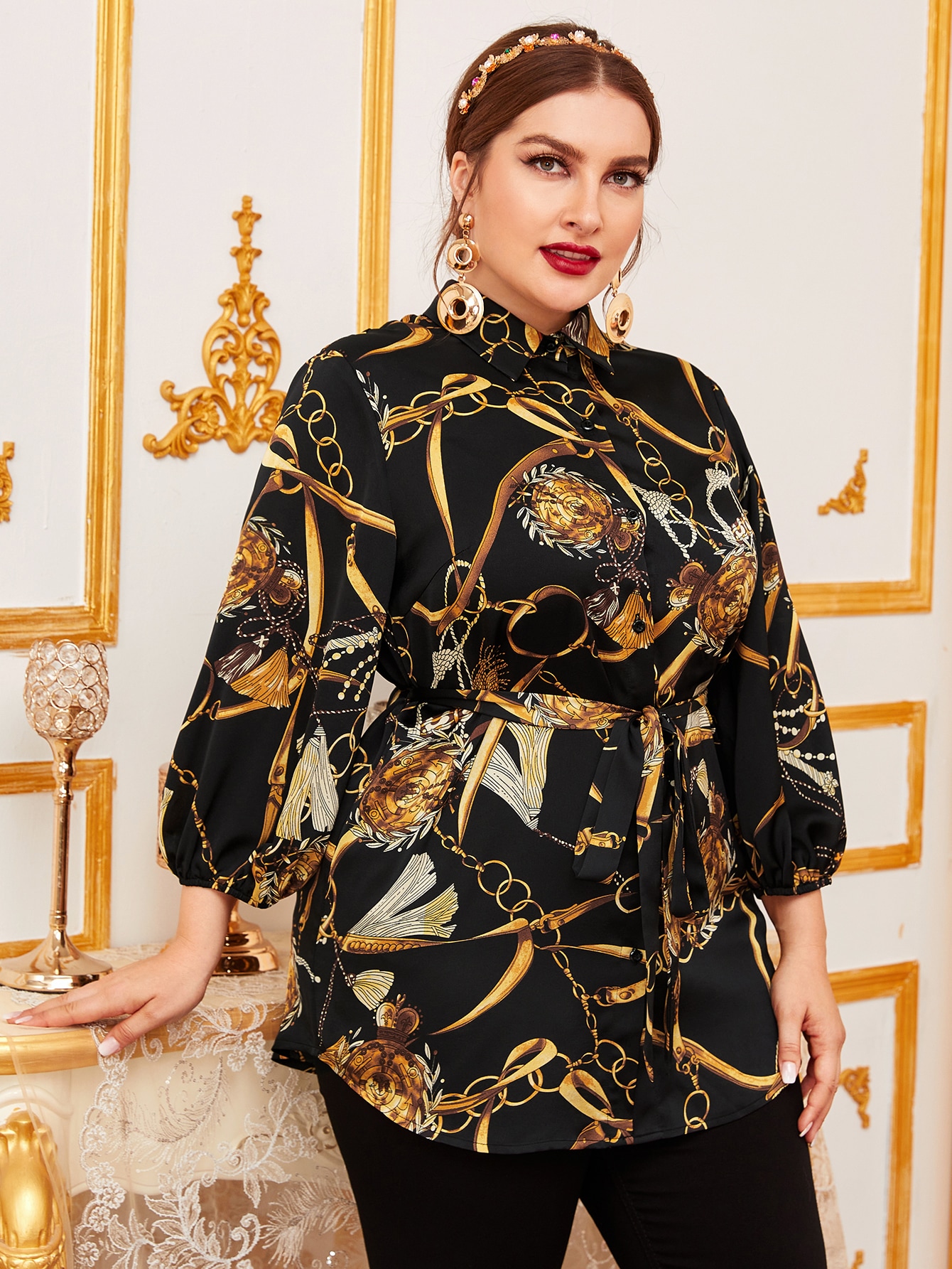 Blouse ?� imprim?� cha?�ne avec ceinture