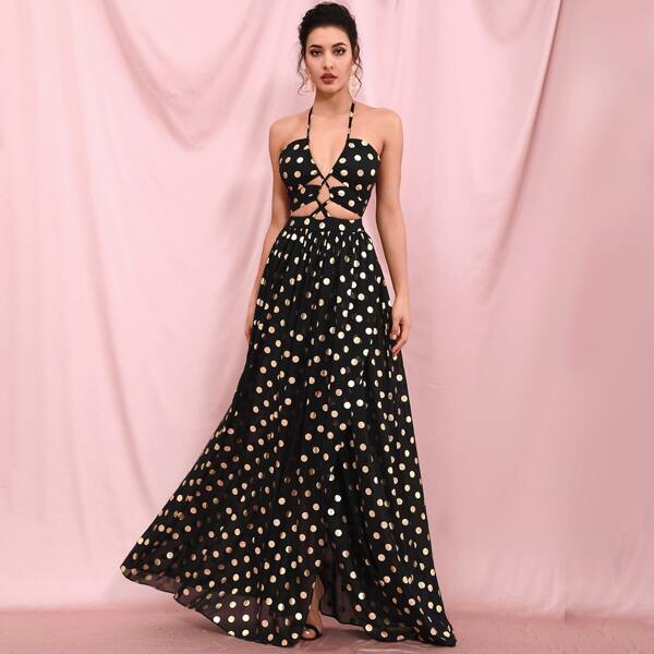 Crisscross Cut-out Gold Dot Print Prom Dress, Black