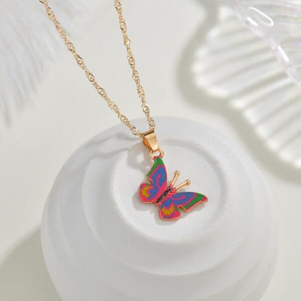 Colorful Butterfly Charm Necklace, Gold