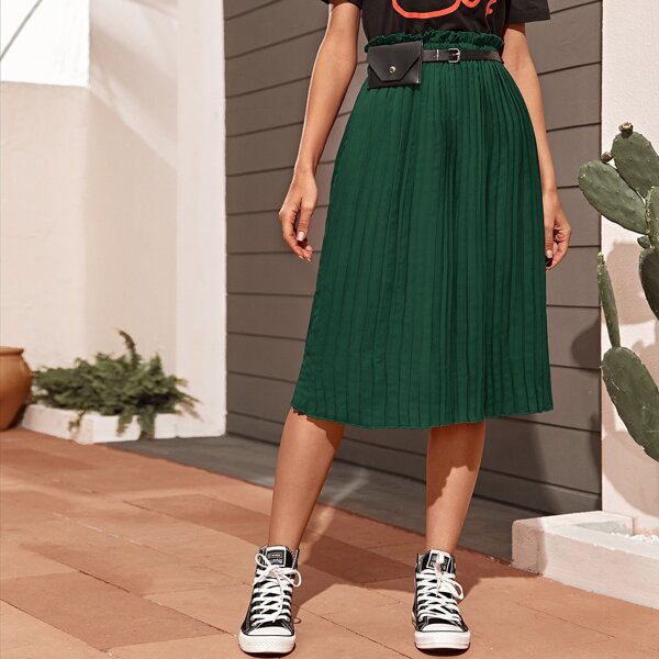 Self Tie Pleated Midi Skirt, Dark green