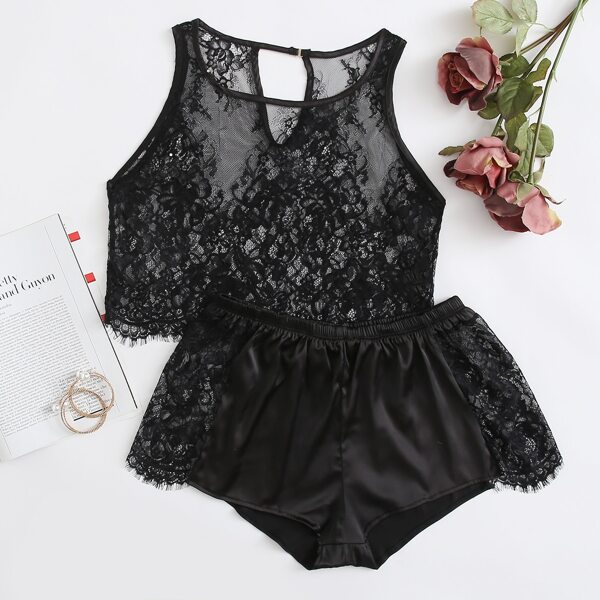 Floral Lace Top & Satin Shorts, Black
