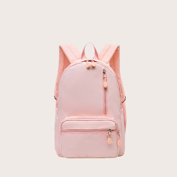 Zipper Front Large Capacity Backpack, Pink